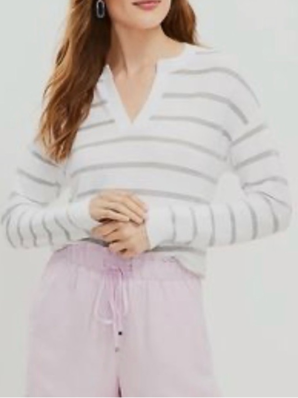 Striped V-Neck Long-Sleeve Sweater - White & Light Gray